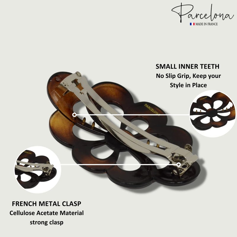 Parcelona French Wide Flower 4" Medium Tortoise Shell Celluloid Hair Barrette Clips Non Slip Women Hair Accessories, Made in France - Image 3
