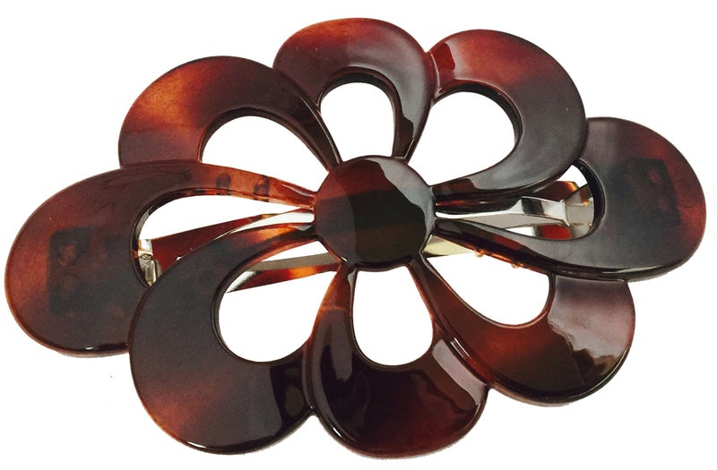 Parcelona French Wide Flower 4" Medium Tortoise Shell Celluloid Hair Barrette Clips Non Slip Women Hair Accessories, Made in France - Image 1