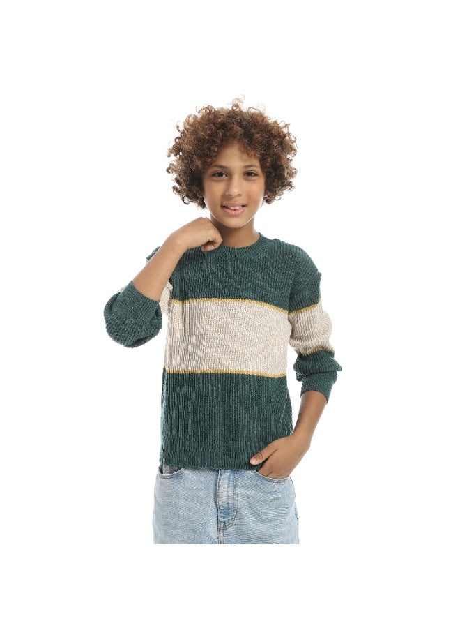 Andora Wide Stripped With Thin Line Round Collar Pullover - Green & Beige & yellow - Image 1