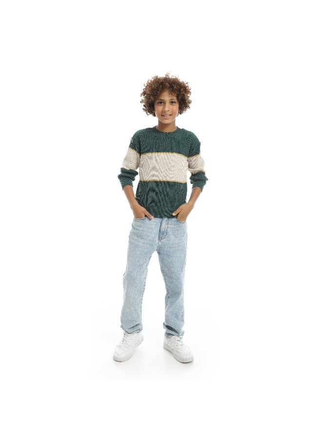 Andora Wide Stripped With Thin Line Round Collar Pullover - Green & Beige & yellow - Image 5