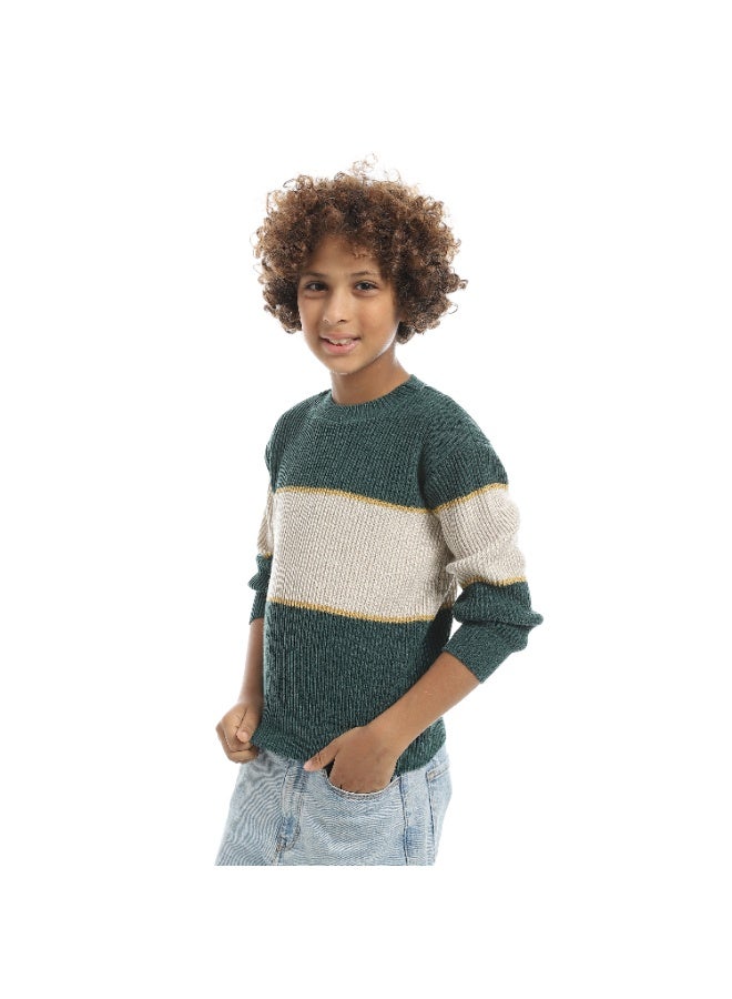 Andora Wide Stripped With Thin Line Round Collar Pullover - Green & Beige & yellow - Image 4