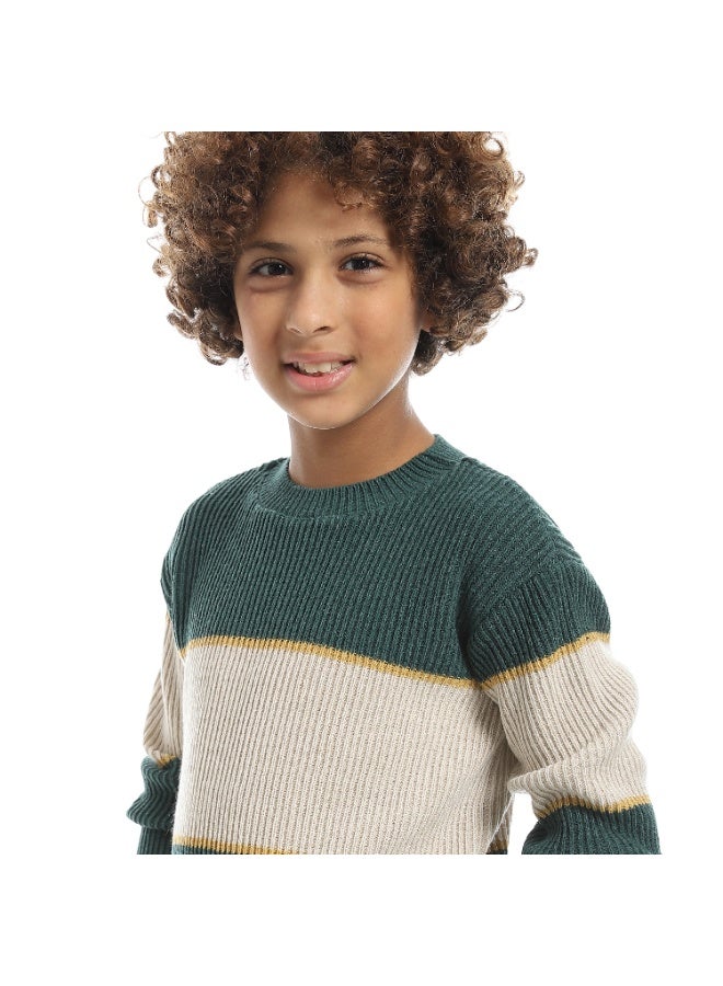 Andora Wide Stripped With Thin Line Round Collar Pullover - Green & Beige & yellow - Image 3