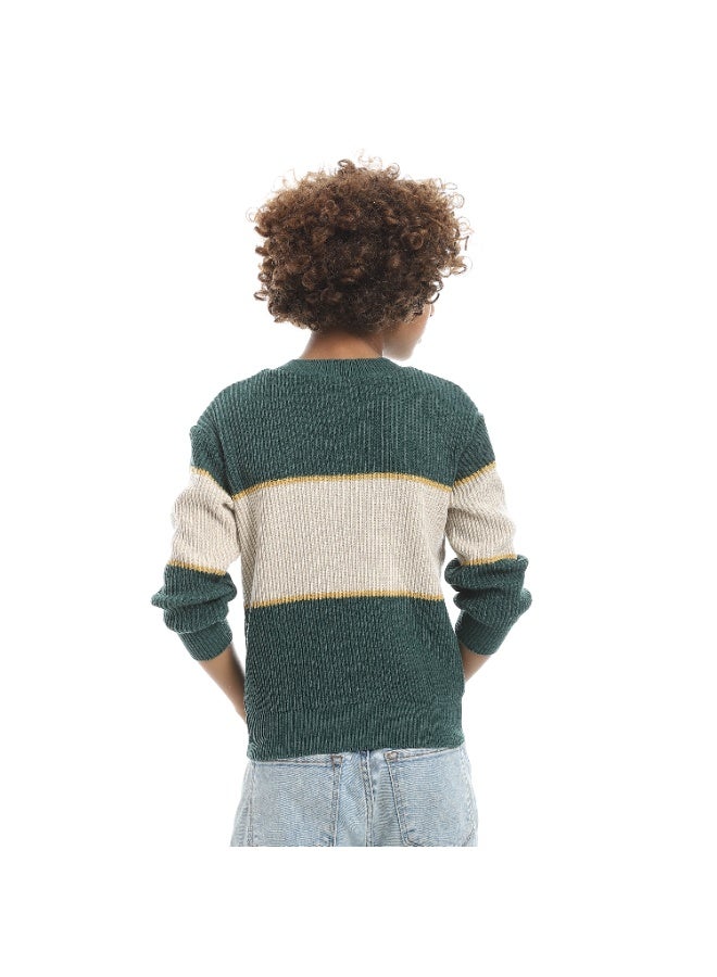 Andora Wide Stripped With Thin Line Round Collar Pullover - Green & Beige & yellow - Image 2