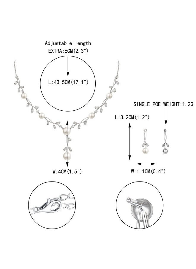 EVER FAITH Cz Crystal Cream Simulated Pearl Floral Vine Filigree Necklace Earrings Set Clear Silver-Tone  - Image 5