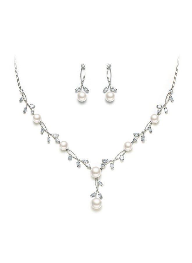 EVER FAITH Cz Crystal Cream Simulated Pearl Floral Vine Filigree Necklace Earrings Set Clear Silver-Tone  - Image 1
