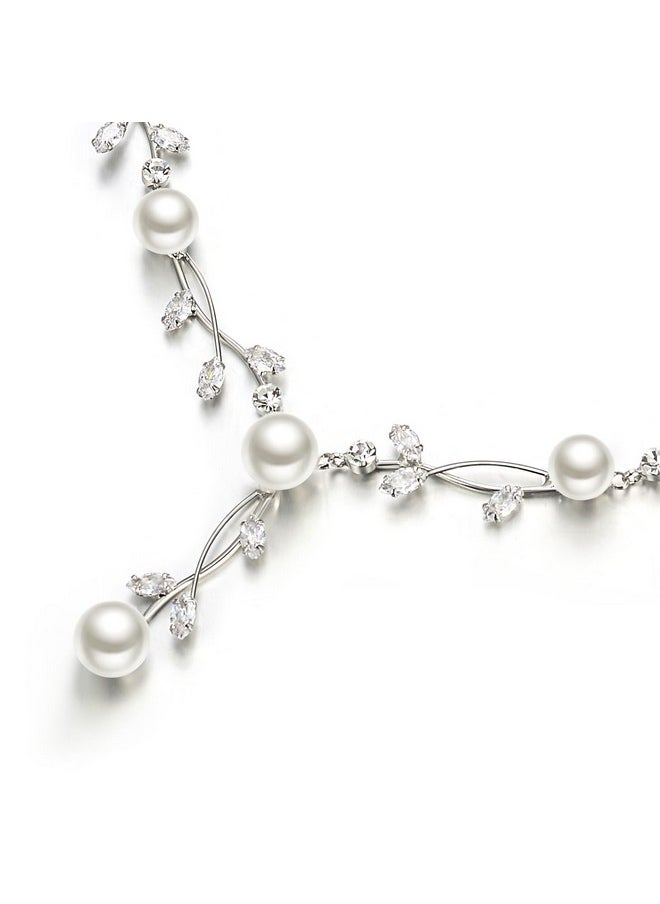 EVER FAITH Cz Crystal Cream Simulated Pearl Floral Vine Filigree Necklace Earrings Set Clear Silver-Tone  - Image 3