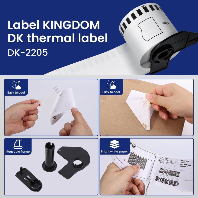 لايبل كينجدوم ملصق KINGDOM DK-2205 متوافق مع طابعة Brother Ql-820nwb، لفة ورق أبيض مستمر بطول 62 مم × 30.48 متر (2-3/7 بوصة × 100 قدم) لطابعات QL 800 و QL-600 (6 لفات + خرطوشة قابلة لإعادة التعبئة) - Image 3
