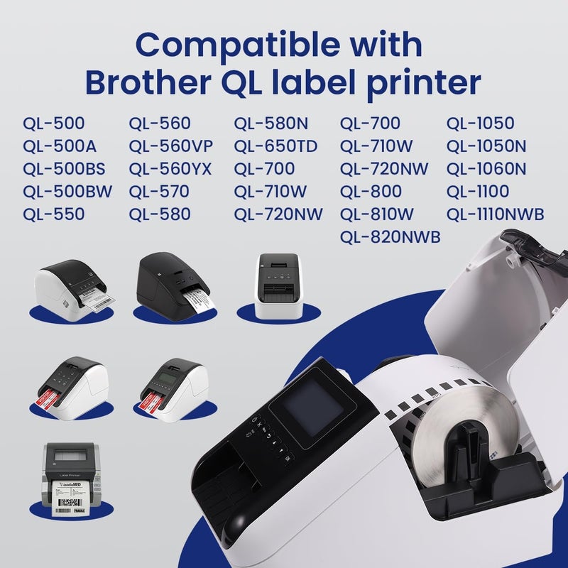 لايبل كينجدوم ملصق KINGDOM DK-2205 متوافق مع طابعة Brother Ql-820nwb، لفة ورق أبيض مستمر بطول 62 مم × 30.48 متر (2-3/7 بوصة × 100 قدم) لطابعات QL 800 و QL-600 (6 لفات + خرطوشة قابلة لإعادة التعبئة) - Image 4