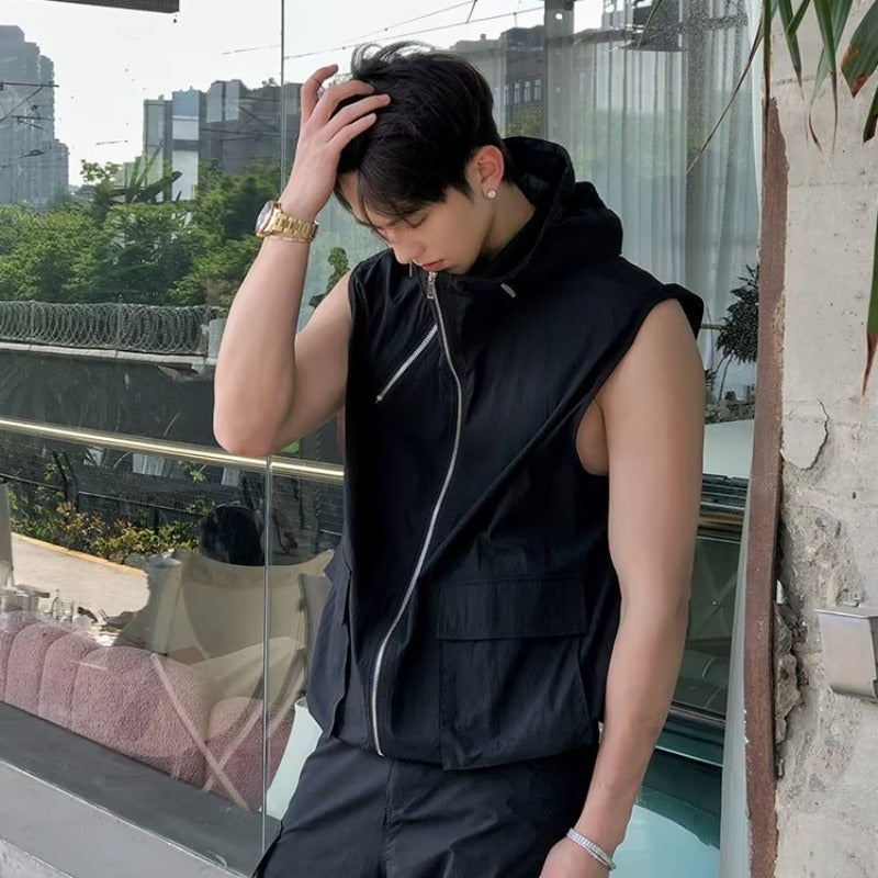 Design Zipper Jacket Men'S Summer Pleated Workwear High-Grade Loose Sports Sleeveless Vest Vest - Image 2