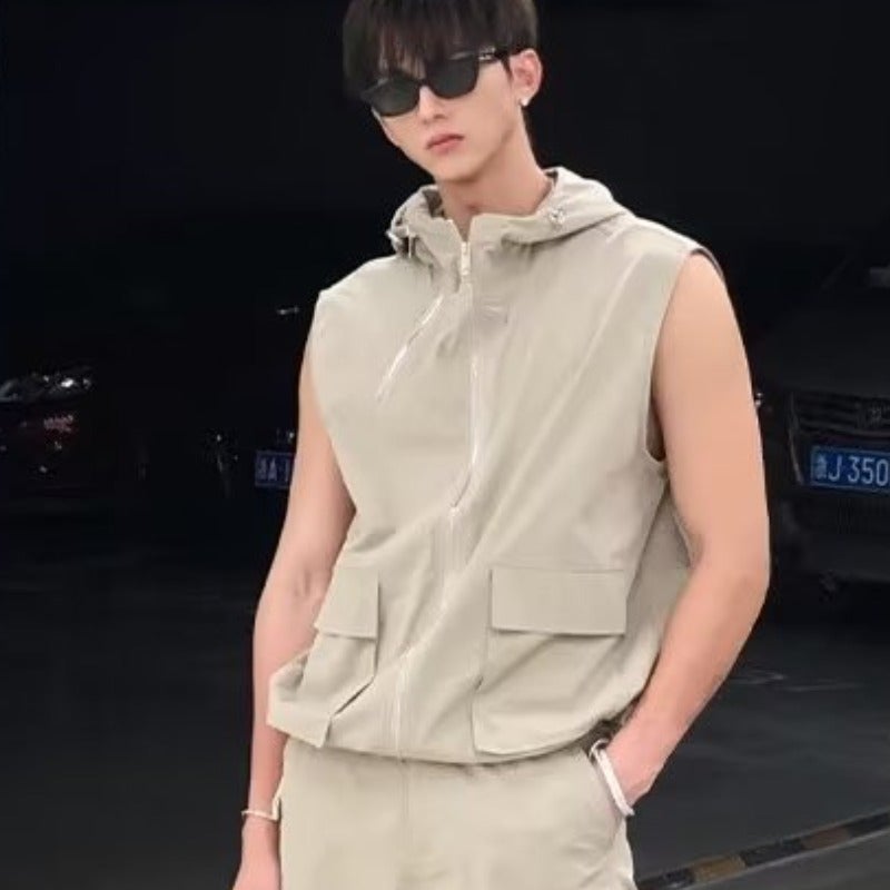 Design Zipper Jacket Men'S Summer Pleated Workwear High-Grade Loose Sports Sleeveless Vest Vest - Image 5