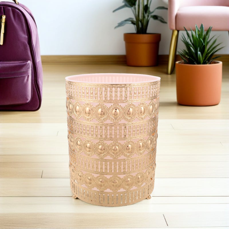 Round Trash Can - Modern Wrought Iron Trash Can Metal Garbage Bin For Bedroom - Stylish Wastebasket For Bathroom Living Room Kitchen Office Toilet Party - Image 4