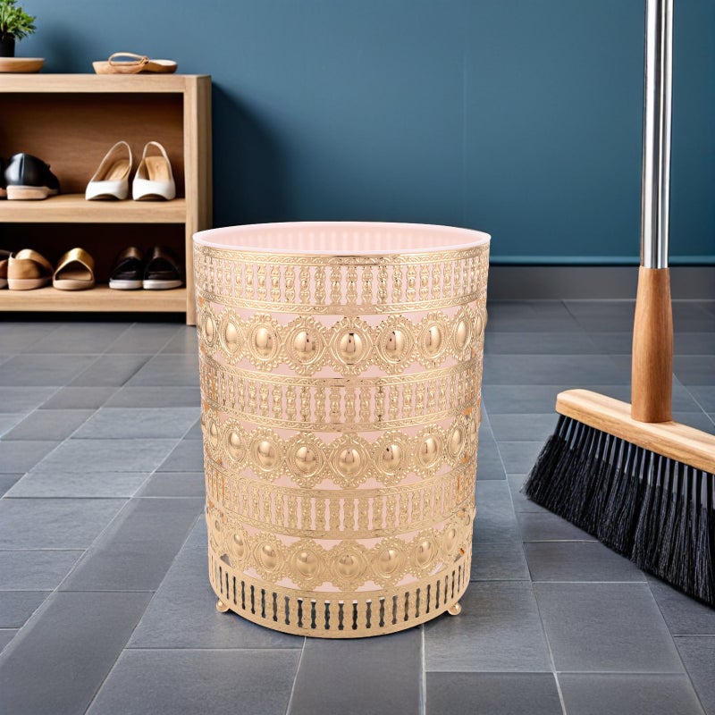 Round Trash Can - Modern Wrought Iron Trash Can Metal Garbage Bin For Bedroom - Stylish Wastebasket For Bathroom Living Room Kitchen Office Toilet Party - Image 5
