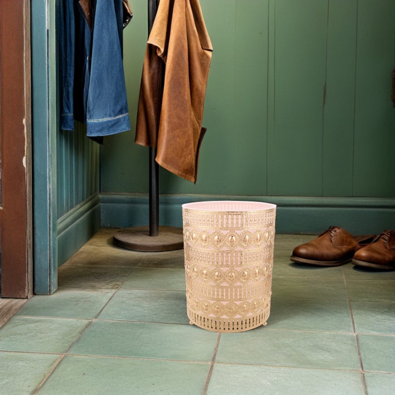 Round Trash Can - Modern Wrought Iron Trash Can Metal Garbage Bin For Bedroom - Stylish Wastebasket For Bathroom Living Room Kitchen Office Toilet Party - Image 2