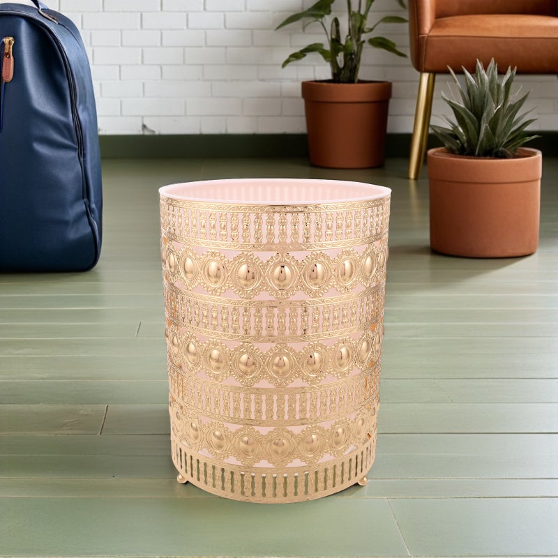 Round Trash Can - Modern Wrought Iron Trash Can Metal Garbage Bin For Bedroom - Stylish Wastebasket For Bathroom Living Room Kitchen Office Toilet Party - Image 3