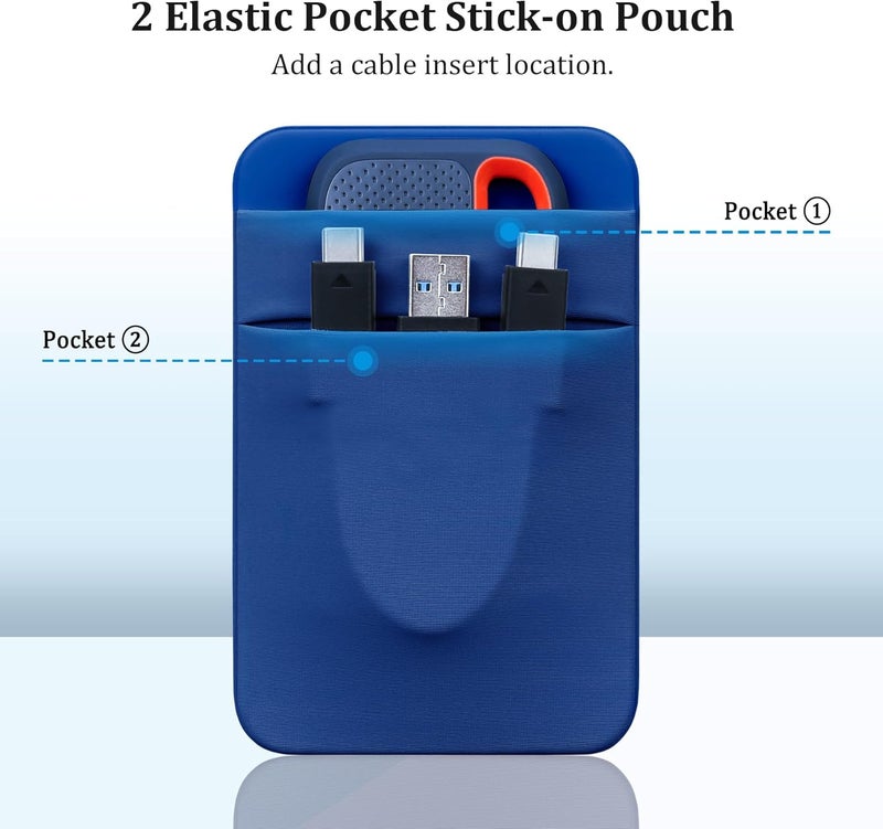 Lacdo Portable Hard Drive Sleeve for Laptop, 2-Pocket Stick on Pouch with Reusable Adhesive, for SanDisk, Samsung, Crucial, Portable External Solid State Drive SSD Hard Drive Carrying Case, Blue - Image 5