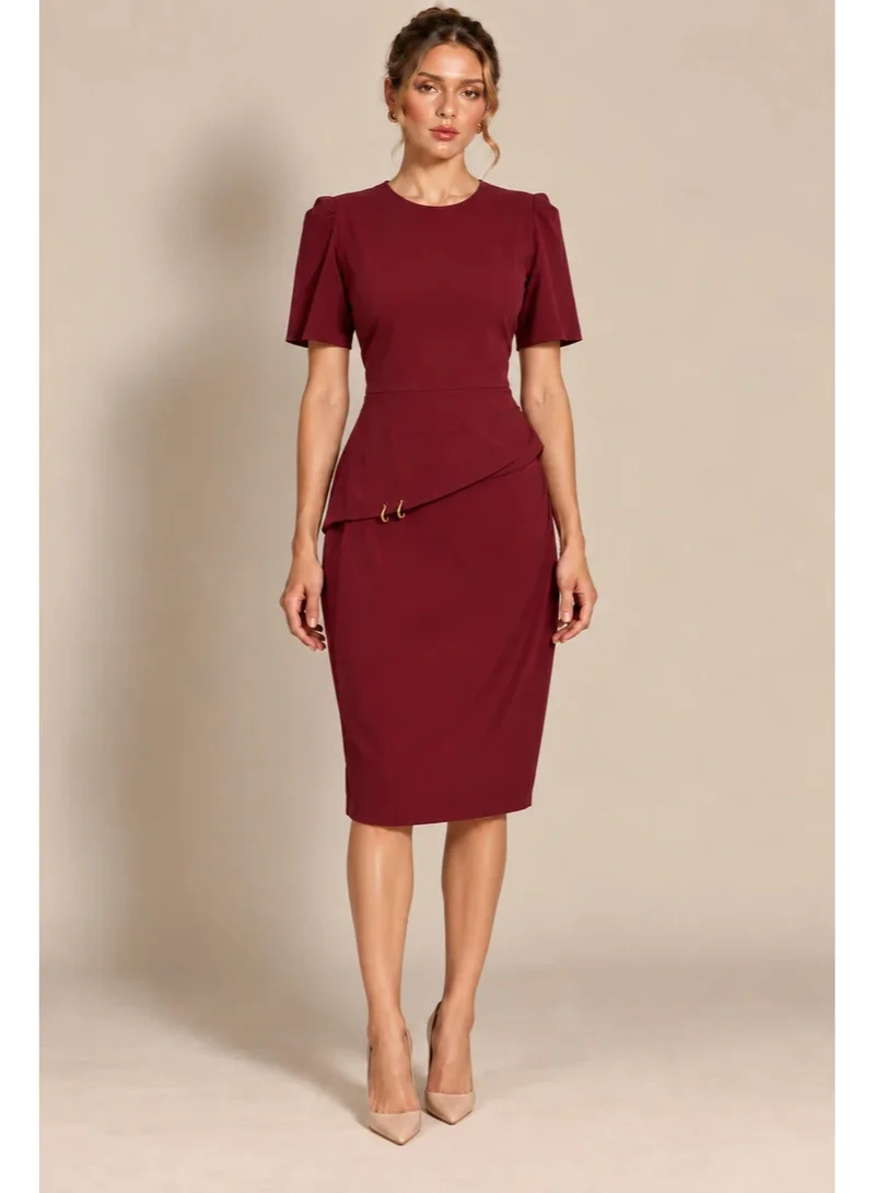 2Trendy Womens Burgundy Midi Sheath Dress with Round Neck Short Sleeves and Draped Waist Detail