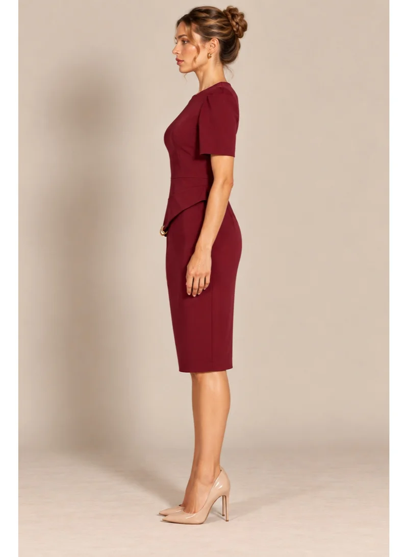 2Trendy Womens Burgundy Midi Sheath Dress with Round Neck Short Sleeves and Draped Waist Detail