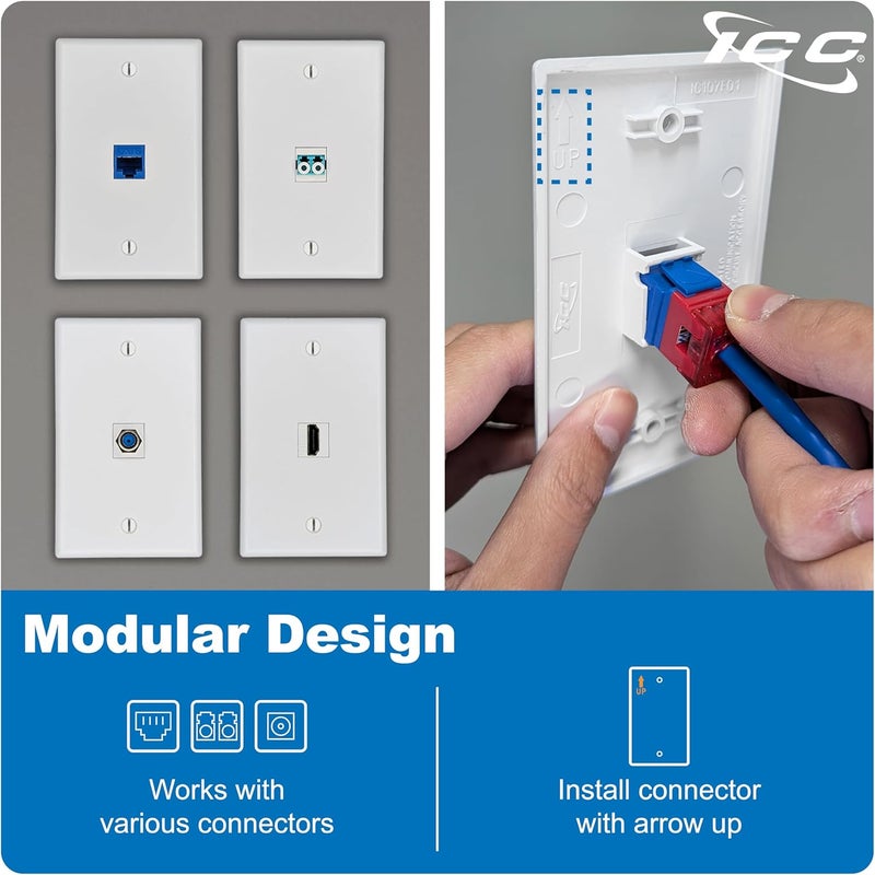 ICC 1-Port Keystone Wall Plate (1 Pack), UL Listed, Durable ABS Plastic, Single Gang Wall Plate for RJ45 Modular Jack and Inserts, White - Image 4