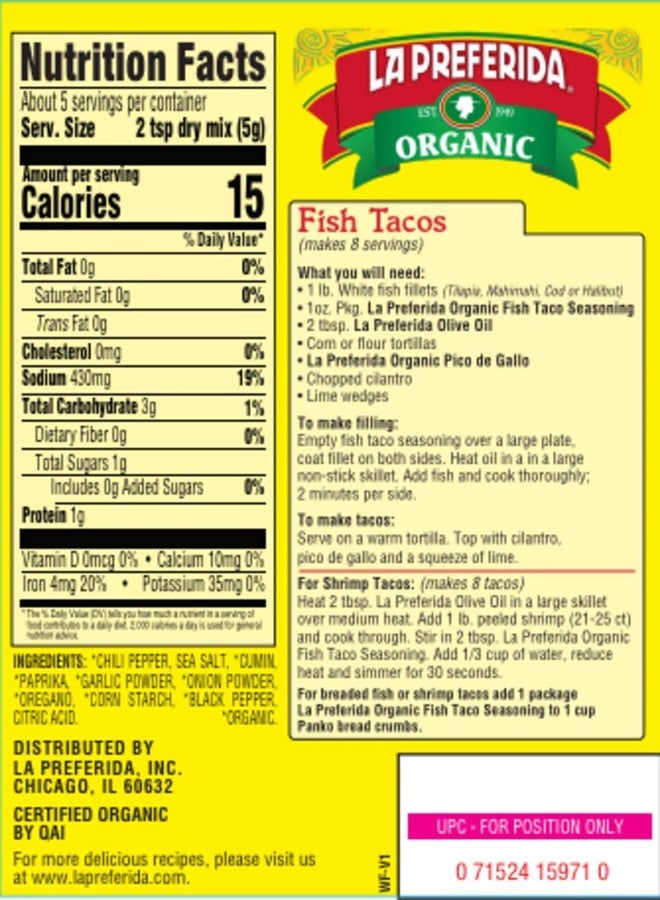 La Preferida Mexican Foods, Organic Fish Taco Seasoning, No MSG or Artificial Preservatives, 1 OZ (Pack of 3) - Image 3