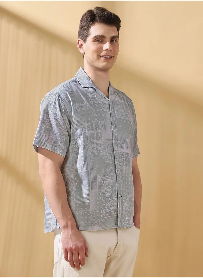 دينيس لينغو Relaxed Fit Printed Grey 100% cotton Regular Length Half Sleeves Cuban Collar Woven Weave Button Down for Men -redefine your casual wardrobe today.