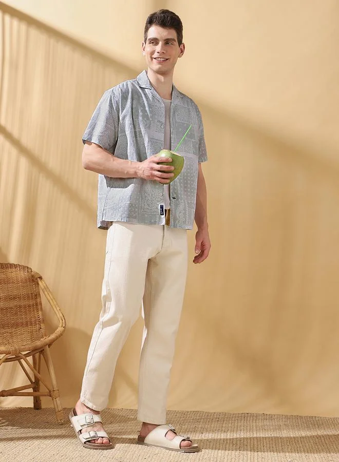 Dennis Lingo Men's Grey 100% Cotton Printed Button Down Relaxed Shirt