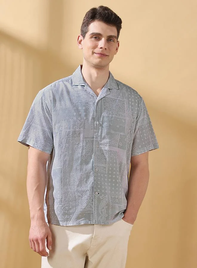 Dennis Lingo Men's Grey 100% Cotton Printed Button Down Relaxed Shirt