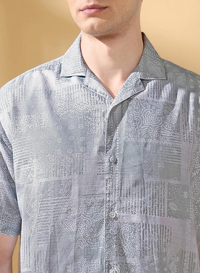 Dennis Lingo Men's Grey 100% Cotton Printed Button Down Relaxed Shirt