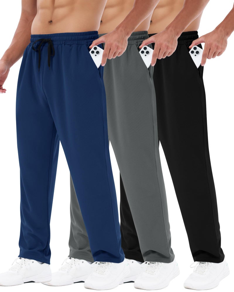 BOOJO 3 Pack Mens Sweatpants with Pockets - Mesh Open Bottom Athletic Joggers for Men Loose Fit Gym Workout Running Casual Pants - Image 1