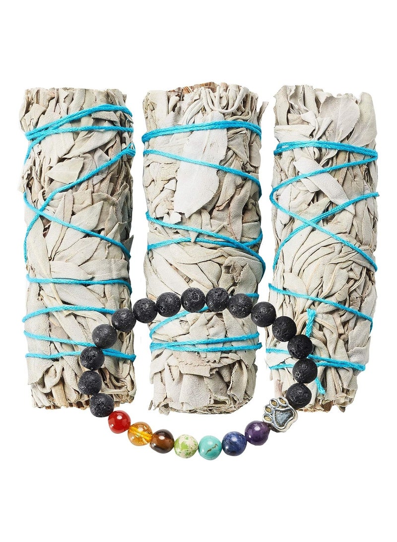 The Jasmin Store White Sage Smudge Sticks Bundles Gift Set - California Sage - Smudging & Cleansing Wands (3 Pack) with Bracelet 