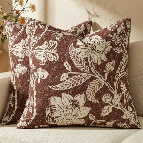 MUSSEL Brown Floral Pillow Covers 18x18：Vintage Chocolate Decorative Pillow Boho Patterned Covers Neutral Modern Farmhouse Cushions Cotton Accent Covers - Sofa Bed Living Room couch Pillowcases Set of 2 - Image 1