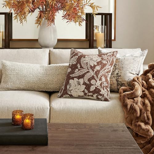 MUSSEL Brown Floral Pillow Covers 18x18：Vintage Chocolate Decorative Pillow Boho Patterned Covers Neutral Modern Farmhouse Cushions Cotton Accent Covers - Sofa Bed Living Room couch Pillowcases Set of 2 - Image 2
