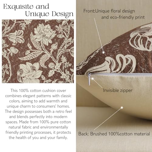 MUSSEL Brown Floral Pillow Covers 18x18：Vintage Chocolate Decorative Pillow Boho Patterned Covers Neutral Modern Farmhouse Cushions Cotton Accent Covers - Sofa Bed Living Room couch Pillowcases Set of 2 - Image 5