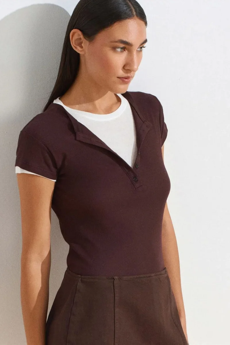 Dilvin Burgundy Red DILVIN Women’s Cotton V-Neck Button T-Shirt for Women | Best Price UAE