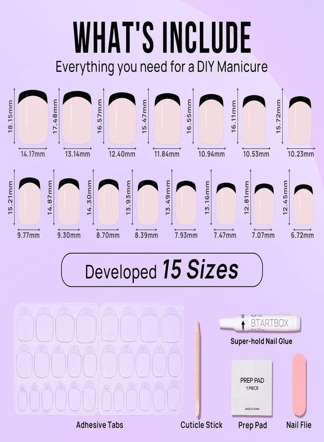BTArtbox أظافر فرنسية مزيفة - أظافر جلي بلاستيكية مربعة من BTArtbox مع لاصق أظافر، أظافر لاصقة شبه شفافة قابلة لإعادة الاستخدام بـ 15 حجم - مجموعة أظافر لاصقة من الجل الناعم 30 قطعة، أسود كلاسيكي - Image 5