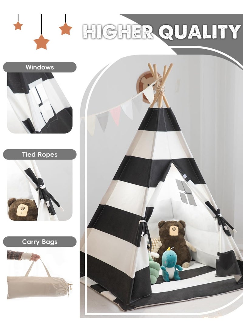 XICEN Kids Teepee Tent with Padded Mat, Lights, and Carry Bag, Natural Cotton Canvas, Foldable Playhouse for Toddler, Portable Play Tent for Girls and Boys Inddor and Outdoor(Stripe Black)  - Image 5