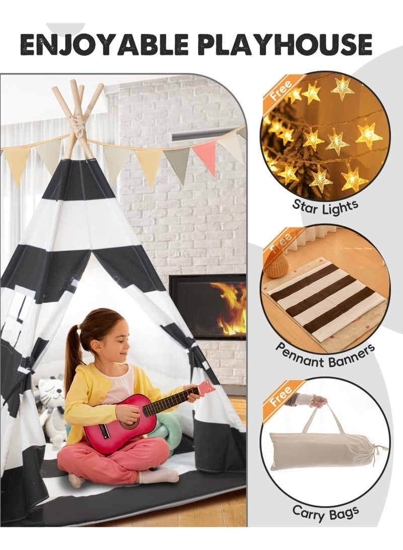 XICEN Kids Teepee Tent with Padded Mat, Lights, and Carry Bag, Natural Cotton Canvas, Foldable Playhouse for Toddler, Portable Play Tent for Girls and Boys Inddor and Outdoor(Stripe Black)  - Image 2