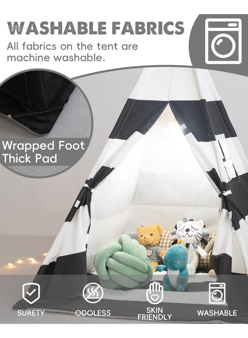 XICEN Kids Teepee Tent with Padded Mat, Lights, and Carry Bag, Natural Cotton Canvas, Foldable Playhouse for Toddler, Portable Play Tent for Girls and Boys Inddor and Outdoor(Stripe Black)  - Image 3