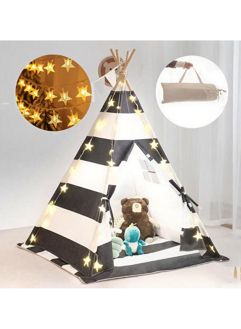XICEN Kids Teepee Tent with Padded Mat, Lights, and Carry Bag, Natural Cotton Canvas, Foldable Playhouse for Toddler, Portable Play Tent for Girls and Boys Inddor and Outdoor(Stripe Black)  - Image 1