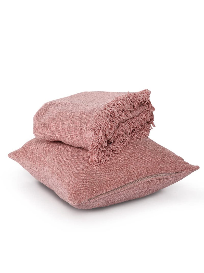 SASHAA World Solid Soft Chenille Throw Blanket for Sofa, Bed & Couch with Cushion Cover Set|Rose Pink Throw & Cushion Cover|Throw-130X180 Cm, Cushion-45X45 Cm, Wrinkle Resistant - Image 1