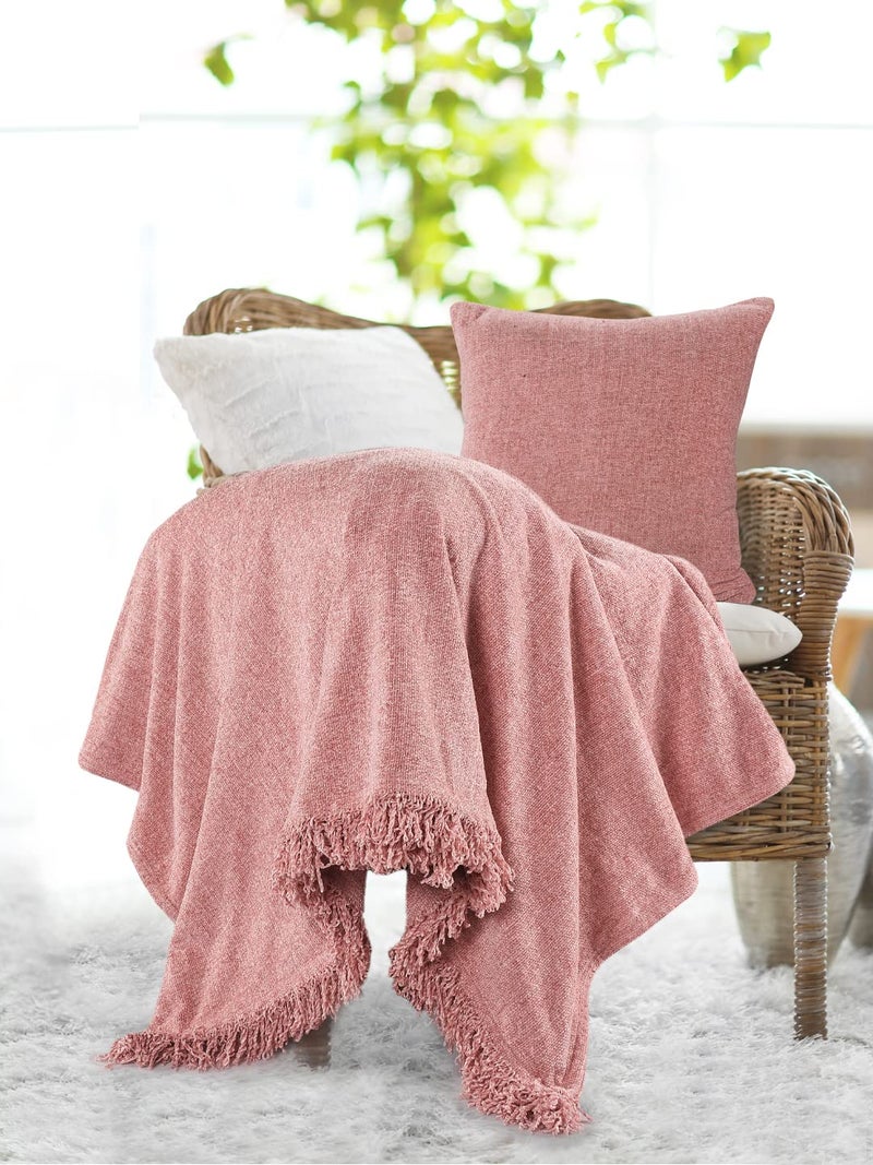 SASHAA World Solid Soft Chenille Throw Blanket for Sofa, Bed & Couch with Cushion Cover Set|Rose Pink Throw & Cushion Cover|Throw-130X180 Cm, Cushion-45X45 Cm, Wrinkle Resistant - Image 2
