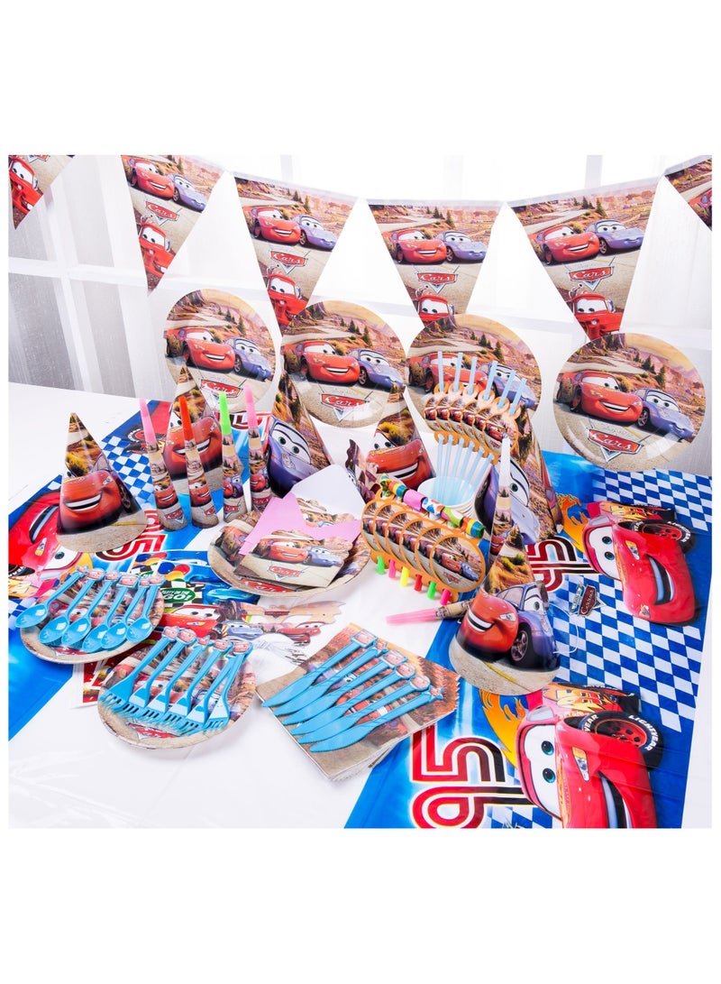 ريمي بيلا 180 قطعة لوازم حفلات اعياد الميلاد بتصميم سيارات، مجموعة ادوات مائدة الكل في واحد تتضمن اطباق واكواب ومناديل ولافتة وما الى ذلك، لوازم حفلات بطابع سيارات للفتيان - Image 1