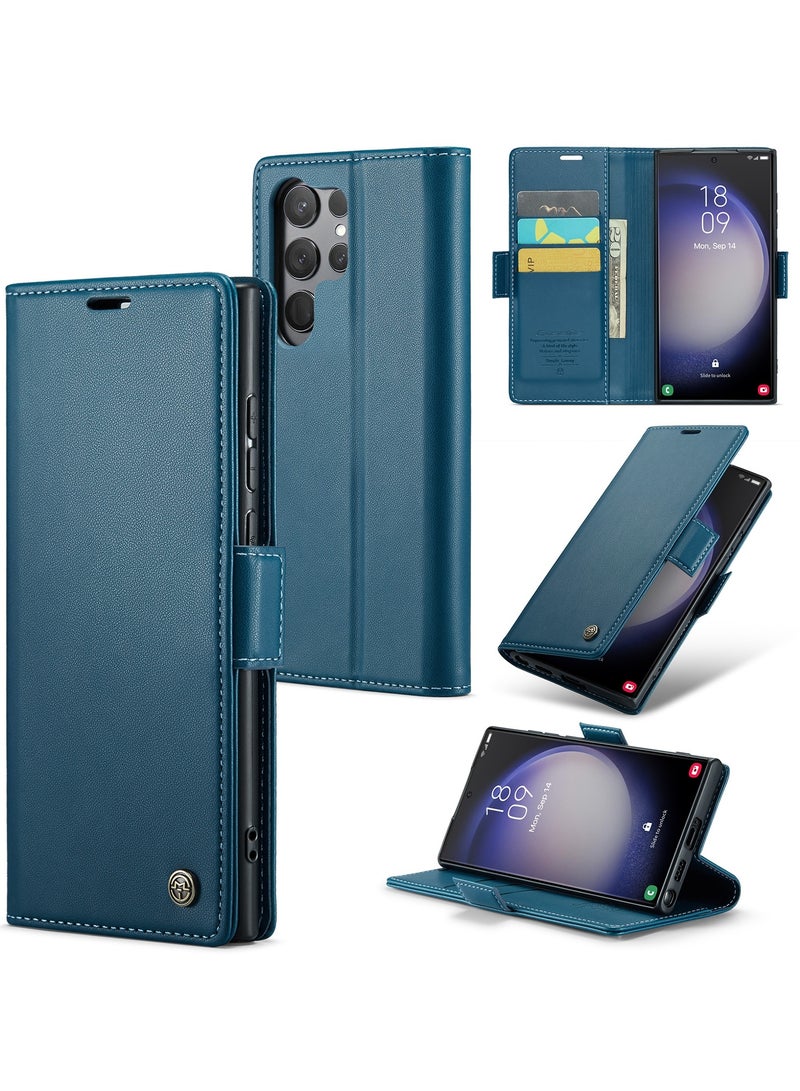 CaseMe Phone Case Luxury PU Leather Design Anti Fingerprint 023 Flip Cover Card Slot Holder Cover For  Samsung Galaxy S24 Ultra (Blue) - Image 1