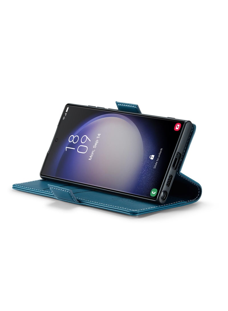 CaseMe Phone Case Luxury PU Leather Design Anti Fingerprint 023 Flip Cover Card Slot Holder Cover For  Samsung Galaxy S24 Ultra (Blue) - Image 2