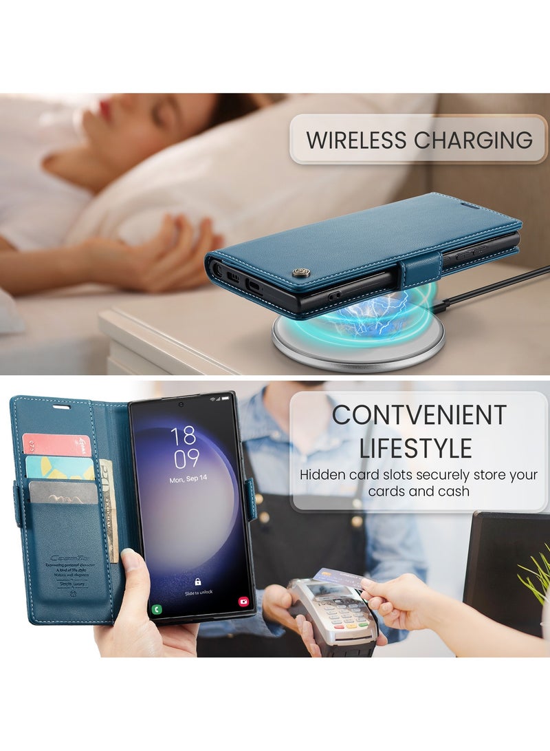 CaseMe Phone Case Luxury PU Leather Design Anti Fingerprint 023 Flip Cover Card Slot Holder Cover For  Samsung Galaxy S24 Ultra (Blue) - Image 4