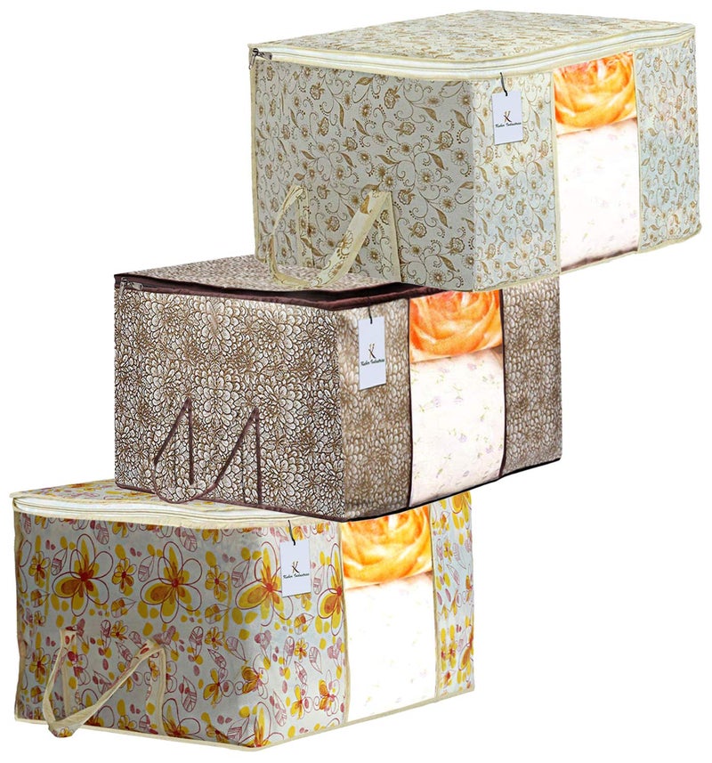 Kuber Industries Metallic Printed NonWoven Underbed Storage BagLarge Storage OrganiserBlanket Cover with Transparent WindowSize 65 x 45 x 31 CMPack of 3 Multicolor - Image 1