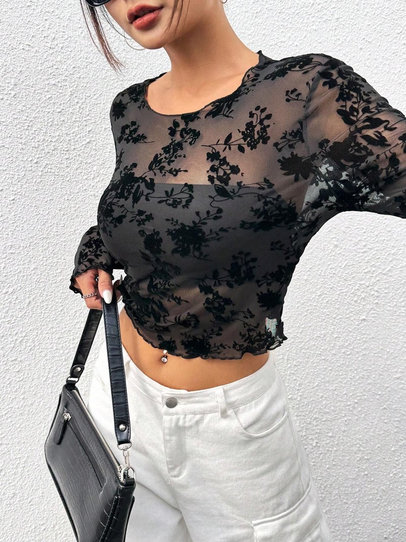 Ins Independent Site Women's Sexy Mesh Round Neck Long-Sleeved T-Shirt Top for Women
