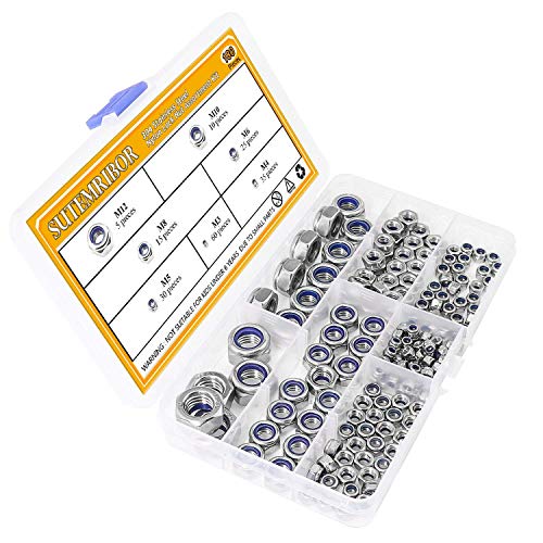 Sutemribor 304 Stainless Steel Lock Nut Assortment 180 Pieces, M3 M4 M5 M6 M8 M10 M12 Nylon Insert Locknut - Image 2