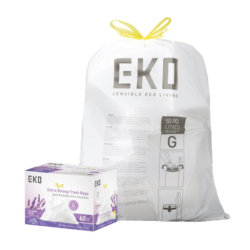 Eko 21 Gallon / 50-90 Liter  60 Count Drawstring Trash Bags  Extra-Strong Garbage Bags  Lavender Scent With Continuous Odor Control  Easy-Dispense Roll For Kitchen And Household Use  Code G  White - Image 1