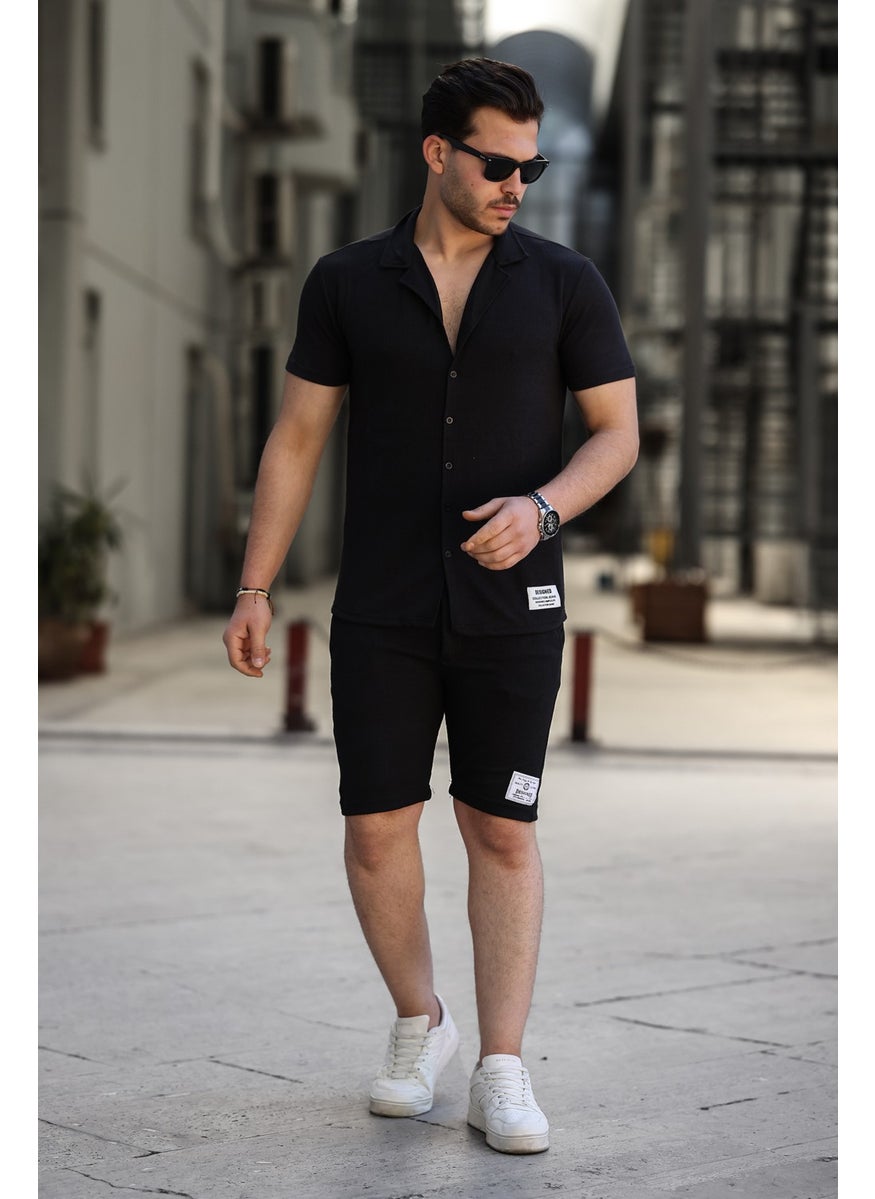 IXIR - Men's Slim Striped Shirt and Shorts Set Black - Image 1