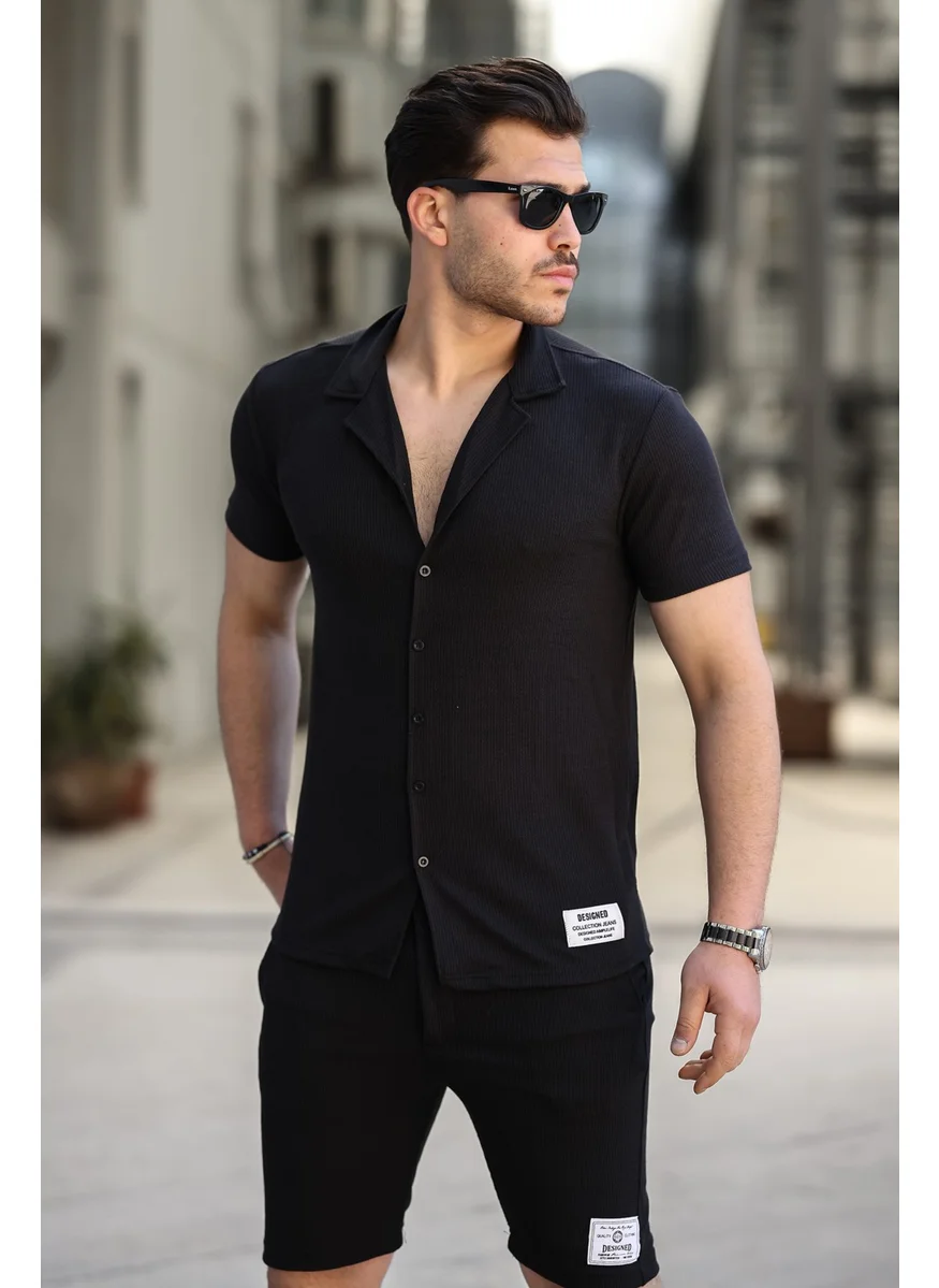 إكسير Men's Slim Striped Shirt and Shorts Set Black